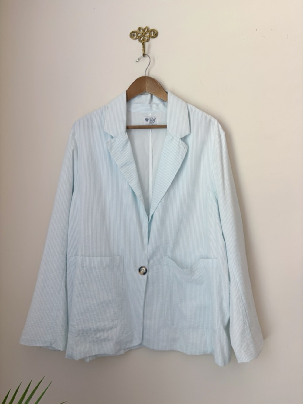 Holly Shae Blue Seersucker Striped Blazer Jacket Large XL Preppy Summer